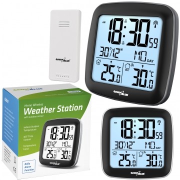 Stacja pogodowa bezprzewodowa (termometr z systemem DCF i czujnikiem zewnętrznym) zegar z budzikiem data GreenBlue