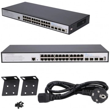 Switch 19" RACK 24x port RJ45 (Gigabit Ethernet 1000Mb/s) + 4x port SFP+ (Uplink 10Gb/s) przełącznik zarządzalny Extralink Hypnos