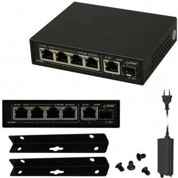 Switch PoE Desktop 5x port RJ45 (Gigabit Ethernet 1000Mb/s, w tym 4x PoE+ i 1x Uplink) + 1x port SFP (1Gb/s Uplink) przełącznik niezarządzalny Pulsar
