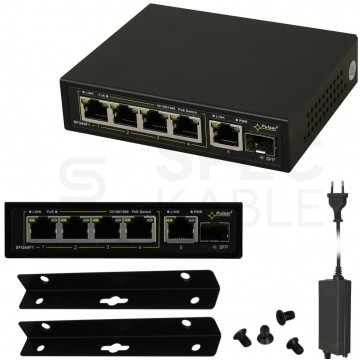 Switch PoE Desktop 5x port RJ45 (Gigabit Ethernet 1000Mb/s, w tym 4x PoE+ i 1x Uplink) + 1x port SFP (1Gb/s Uplink) przełącznik niezarządzalny Pulsar