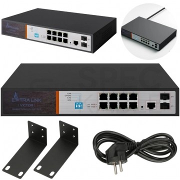 Switch PoE Desktop 8x port RJ45 (PoE+ Gigabit Ethernet 1000Mb/s) + 2x port SFP (1Gb/s Uplink) przełącznik zarządzalny Extralink Victor