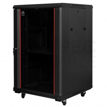 Szafa stojąca RACK 19" 18U 600x600mm drzwi szklane czarna NEKU FLR + wyposażenie