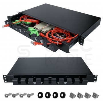 Szuflada zapasu kabla do szafy RACK 19" 1U 270mm przełącznica wysuwana z organizerem Czarna