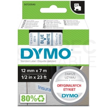 Taśma DYMO D1 Standard 12mm x 7m (biała / niebieski nadruk) [45014 / S0720540] ORYGINALNA