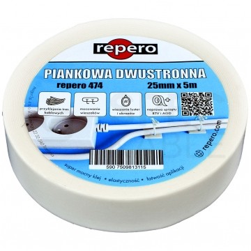 Taśma klejąca dwustronna piankowa 25mm x 5m biała Repero 474 Double Sided