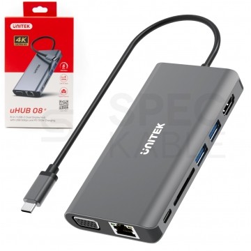 UNITEK Adapter 8w1 Hub USB 3.1 typ-C -> HDMI 4K@30 + VGA 1080p@60 + 2x USB 3.0 A + USB 3.1 typ-C (PD 100W) + mini Jack 3,5mm + czytnik kart SD / MicroSD + Gigabit Ethernet RJ45 [8p8c] srebrny 15cm