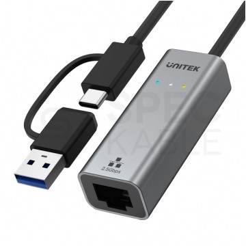 UNITEK Adapter sieciowy USB 3.2 typ-C / Gigabit Ethernet RJ45 2.5 Gbit (wtyk / gniazdo) srebrny 30cm