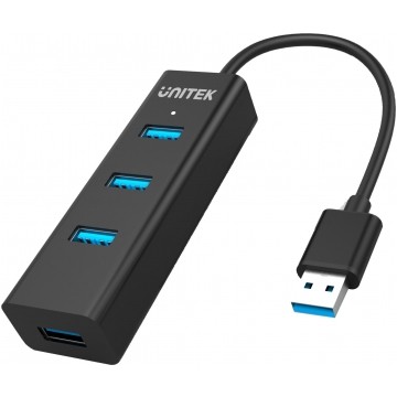 UNITEK Hub USB 3.0 A aktywny (BC1.2) na 4 porty USB A + gniazdo USB micro-B do zasilania czarny na kablu 0,3m