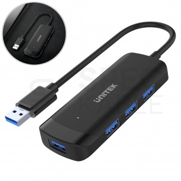 UNITEK Hub USB 3.1 A aktywny (BC1.2) na 4 porty USB A + gniazdo USB micro-B do zasilania czarny na kablu 0,3m