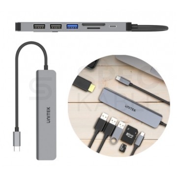 UNITEK Hub USB-C aluminium 7w1 czarny 0,15m