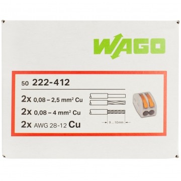 WAGO CLASSIC 222-412 Szybkozłączka 2x 0,08-4,0mm2 uniwersalna (na drut / na linkę) 400V/32A ORYGINALNA 50szt.