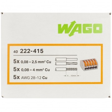 WAGO CLASSIC 222-415 Szybkozłączka 5x 0,08-4,0mm2 uniwersalna (na drut / na linkę) 400V/32A ORYGINALNA 40szt.