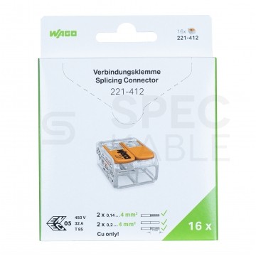 WAGO COMPACT 221-412 Szybkozłączka 2x 0,2-4,0mm2 uniwersalna (na drut / na linkę) 450V/32A ORYGINALNA blister 16szt.
