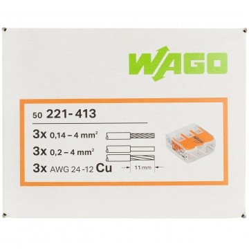 WAGO COMPACT 221-413 Szybkozłączka 3x 0,2-4,0mm2 uniwersalna (na drut / na linkę) 450V/32A ORYGINALNA 50szt.