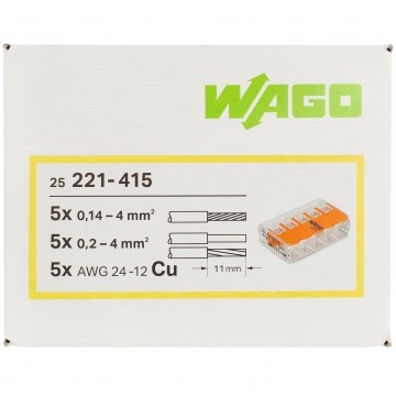 WAGO COMPACT 221-415 Szybkozłączka 5x 0,2-4,0mm2 uniwersalna (na drut / na linkę) 450V/32A ORYGINALNA 25szt.