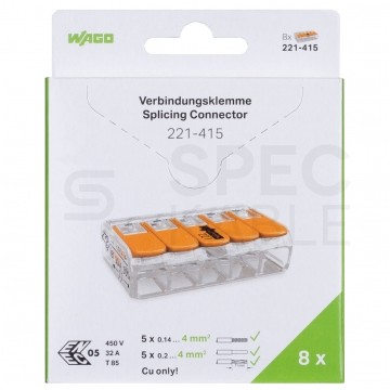 WAGO COMPACT 221-415 Szybkozłączka 5x 0,2-4,0mm2 uniwersalna (na drut / na linkę) 450V/32A ORYGINALNA blister 8szt.