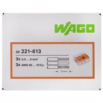 WAGO COMPACT 221-613 Szybkozłączka 3x 0,5-6,0mm2 uniwersalna (na drut / na linkę) 450V/41A ORYGINALNA 30szt.