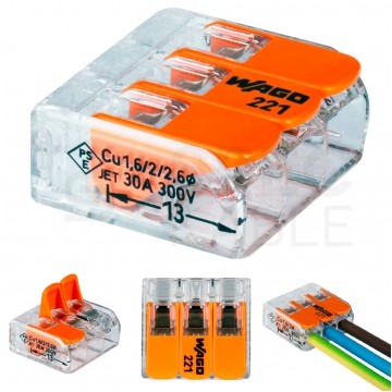 WAGO COMPACT 221-613 Szybkozłączka 3x 0,5-6,0mm2 uniwersalna (na drut / na linkę) 450V/41A ORYGINALNA woreczek 10szt.