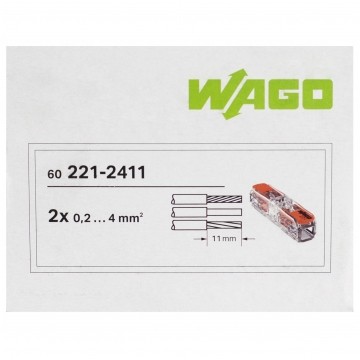WAGO INLINE 221-2411 Szybkozłączka przelotowa 2x 0,2-4,0mm2 uniwersalna (na drut / na linkę) 450V/32A ORYGINALNA 60szt.