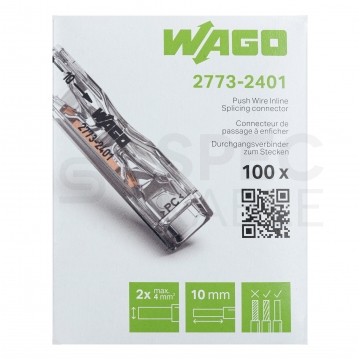 WAGO INLINE 2773-2401 Szybkozłączka przelotowa 2x 0,75-4mm2 uniwersalna (na drut / na linkę) 450V/32A ORYGINALNA 100szt.