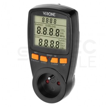 Watomierz cyfrowy LCD gniazdkowy licznik zużycia energii elektrycznej (do gniazdek typu 2P+Z) czarny VIRONE