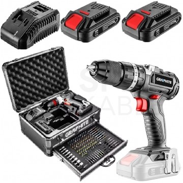 Wiertarko-wkrętarka akumulatorowa 18V Li-Ion z uchwytem samozaciskowym 10mm, 2x Akumulator 2.0Ah, 1x Ładowarka w walizce wraz z 109 elementami ENERGY+ GRAPHITE 58G022-PS15