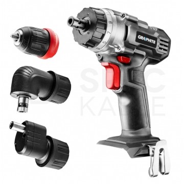 Wiertarko-wkrętarka akumulatorowa 18V Li-Ion z uchwytem samozaciskowym 10mm, adapterem kątowym oraz adapterem krawędziowym bez akumulatora ENERGY+ GRAPHITE 58G022-AD