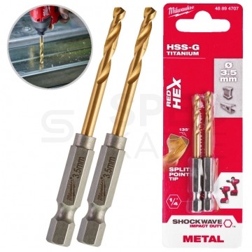 Wiertło do metalu HSS-G TIN 3,5x69mm RED HEX z uchwytem 1/4" Shockwave MILWAUKEE Blister 2szt