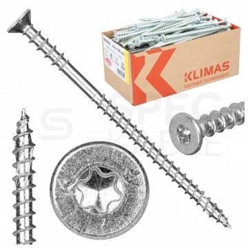 Wkręty dystansowe do poziomowania łat z łbem stożkowym i gniazdem TORX 6,0x100 mm w białym ocynku KLIMAS 100szt
