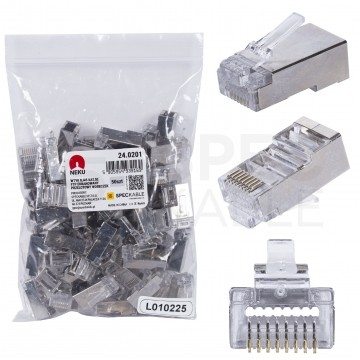 Wtyk modularny RJ45 8P8C kat.5e ekranowany FTP uniwersalny drut linka przelotowy NEKU opakowanie WORECZEK 50szt.