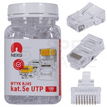 Wtyk modularny RJ45 8P8C kat.5e nieekranowany UTP uniwersalny drut linka NEKU opakowanie SŁOIK 100szt.