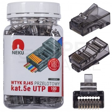 Wtyk modularny RJ45 8P8C kat.5e nieekranowany UTP uniwersalny drut linka przelotowy czarny NEKU opakowanie SŁOIK 100szt.