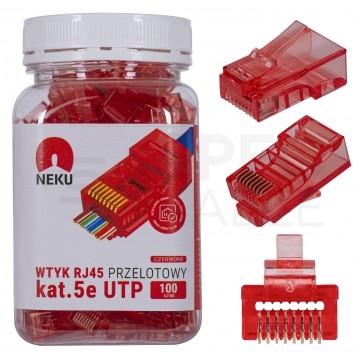 Wtyk modularny RJ45 8P8C kat.5e nieekranowany UTP uniwersalny drut linka przelotowy czerwony NEKU opakowanie SŁOIK 100szt.