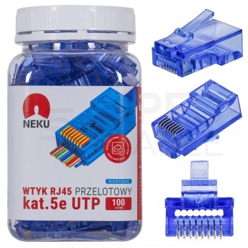 Wtyk modularny RJ45 8P8C kat.5e nieekranowany UTP uniwersalny drut linka przelotowy niebieski NEKU opakowanie SŁOIK 100szt.