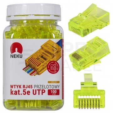 Wtyk modularny RJ45 8P8C kat.5e nieekranowany UTP uniwersalny drut linka przelotowy żółty NEKU opakowanie SŁOIK 100szt.