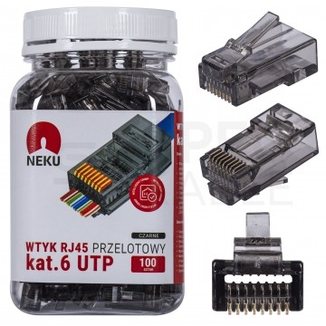Wtyk modularny RJ45 8P8C kat.6 nieekranowany UTP uniwersalny drut linka przelotowy czarny NEKU opakowanie SŁOIK 100szt.
