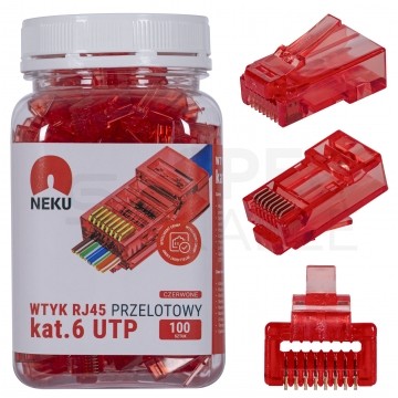 Wtyk modularny RJ45 8P8C kat.6 nieekranowany UTP uniwersalny drut linka przelotowy czerwony NEKU opakowanie SŁOIK 100szt.