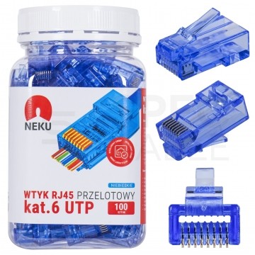 Wtyk modularny RJ45 8P8C kat.6 nieekranowany UTP uniwersalny drut linka przelotowy niebieski NEKU opakowanie SŁOIK 100szt.