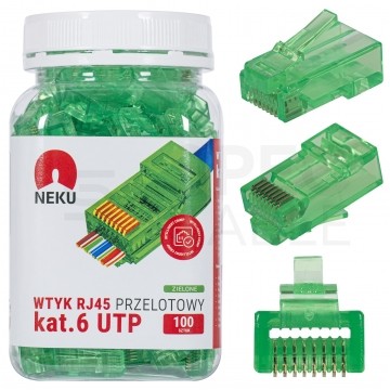 Wtyk modularny RJ45 8P8C kat.6 nieekranowany UTP uniwersalny drut linka przelotowy zielony NEKU opakowanie SŁOIK 100szt.