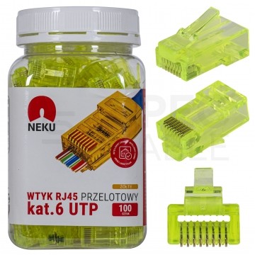 Wtyk modularny RJ45 8P8C kat.6 nieekranowany UTP uniwersalny drut linka przelotowy żółty NEKU opakowanie SŁOIK 100szt.
