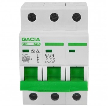 Wyłącznik nadprądowy S bezpiecznik 3-fazowy C10 (C 10A) 3-biegunowy 3P (400V AC) 3-modułowy SB6L GACIA