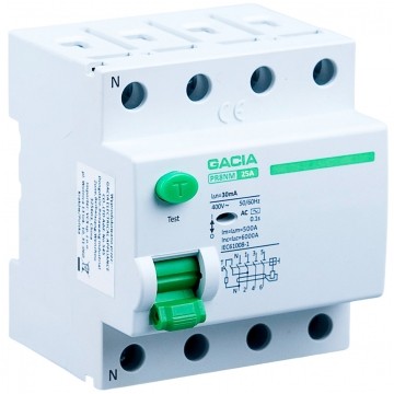 Wyłącznik różnicowoprądowy RCD 3-fazowy 25A 30mA typ AC 4-biegunowy 4P (400V AC) 4-modułowy PR8NM GACIA