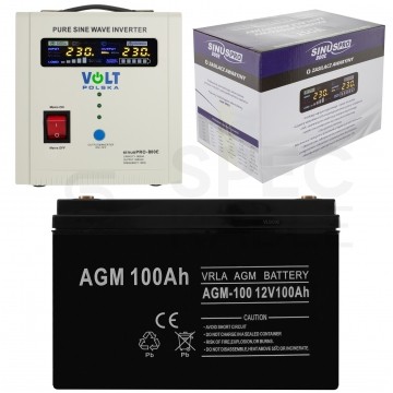 Zestaw do awaryjnego zasilania pieca CO, pompy itp. Komplet Zasilacz awaryjny UPS SINUS PRO E 12V 800VA + Akumulator AGM 100Ah VOLT