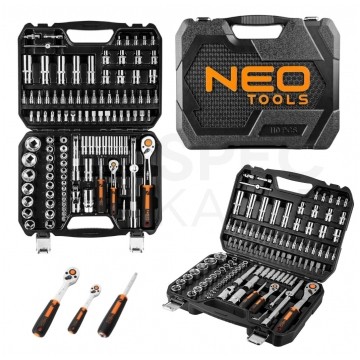 Zestaw kluczy nasadowych 1/2" i 1/4", bitów oraz akcesoriów 110 elementów w walizce NEO 10-066