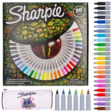 Zestaw markerów permanentnych Sharpie "Eye" 30 kolorów (24x Fine 1,0mm + 6x Ultra Fine 0,5mm) + GRATIS Piórnik do kolorowania