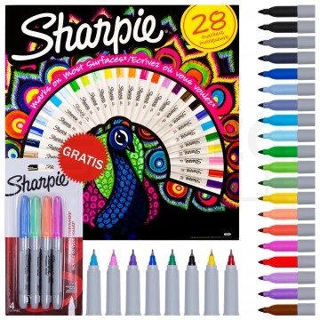 Zestaw markerów permanentnych Sharpie "Peacock" 28 kolorów (20x Fine 1,0mm + 8x Ultra Fine 0,5mm) + GRATIS 4x Pastel Fine 1,0mm