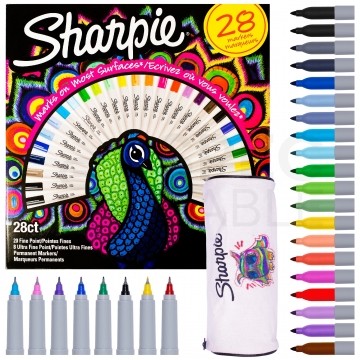 Zestaw markerów permanentnych Sharpie "Peacock" 28 kolorów (20x Fine 1,0mm + 8x Ultra Fine 0,5mm) + GRATIS Piórnik do kolorowania