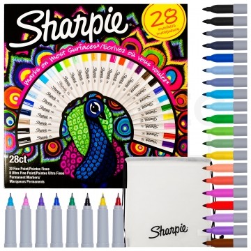 Zestaw markerów permanentnych Sharpie "Peacock" 28 kolorów (20x Fine 1,0mm + 8x Ultra Fine 0,5mm) + GRATIS Worek do kolorowania