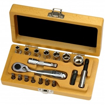 Zestaw Mini Grzechotka 1/4" z nasadkami i bitami Felo XS Classic 18 elementów w drewnianym pudełku