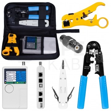 Zestaw narzędzi sieciowych Tester kabli LAN Zaciskarka RJ45 Komplet 4 elementy + etui NEKU